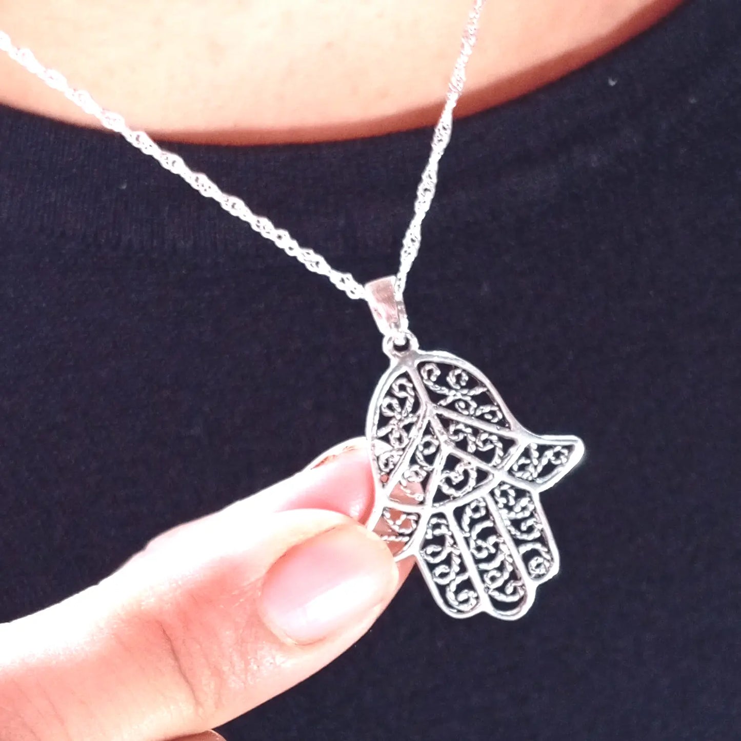 Collar Mano de Fátima Hamsa Plata Talismán de Protección - Bisutería Lola C