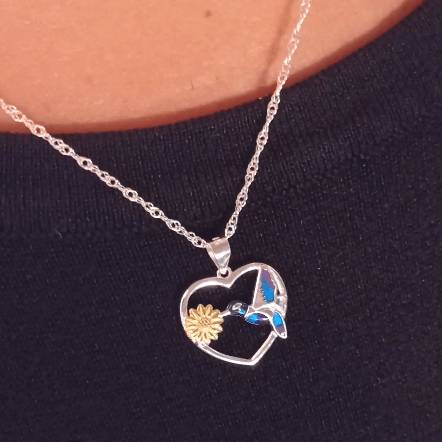 Collar de Plata Corazón Colibrí Zircón y Margarita - Bisutería Lola B