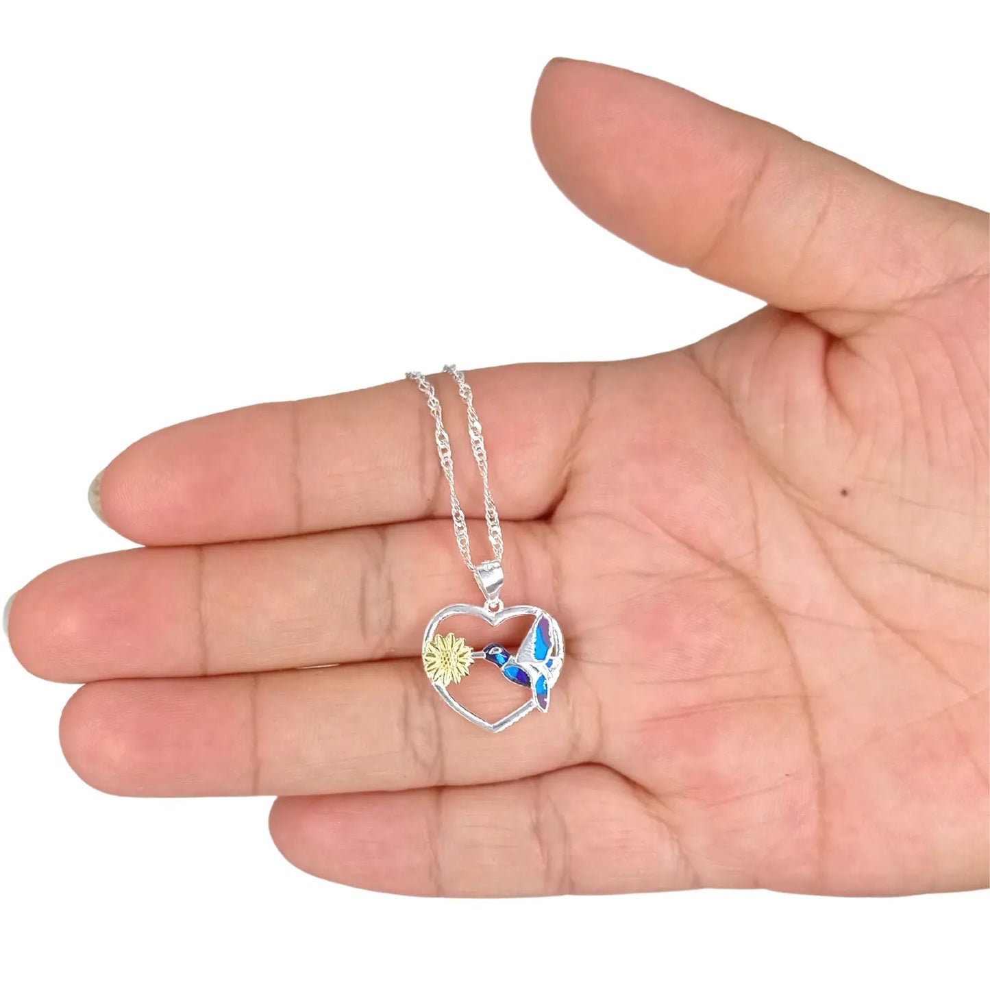 Collar de Plata Corazón Colibrí Zircón y Margarita - Bisutería Lola C