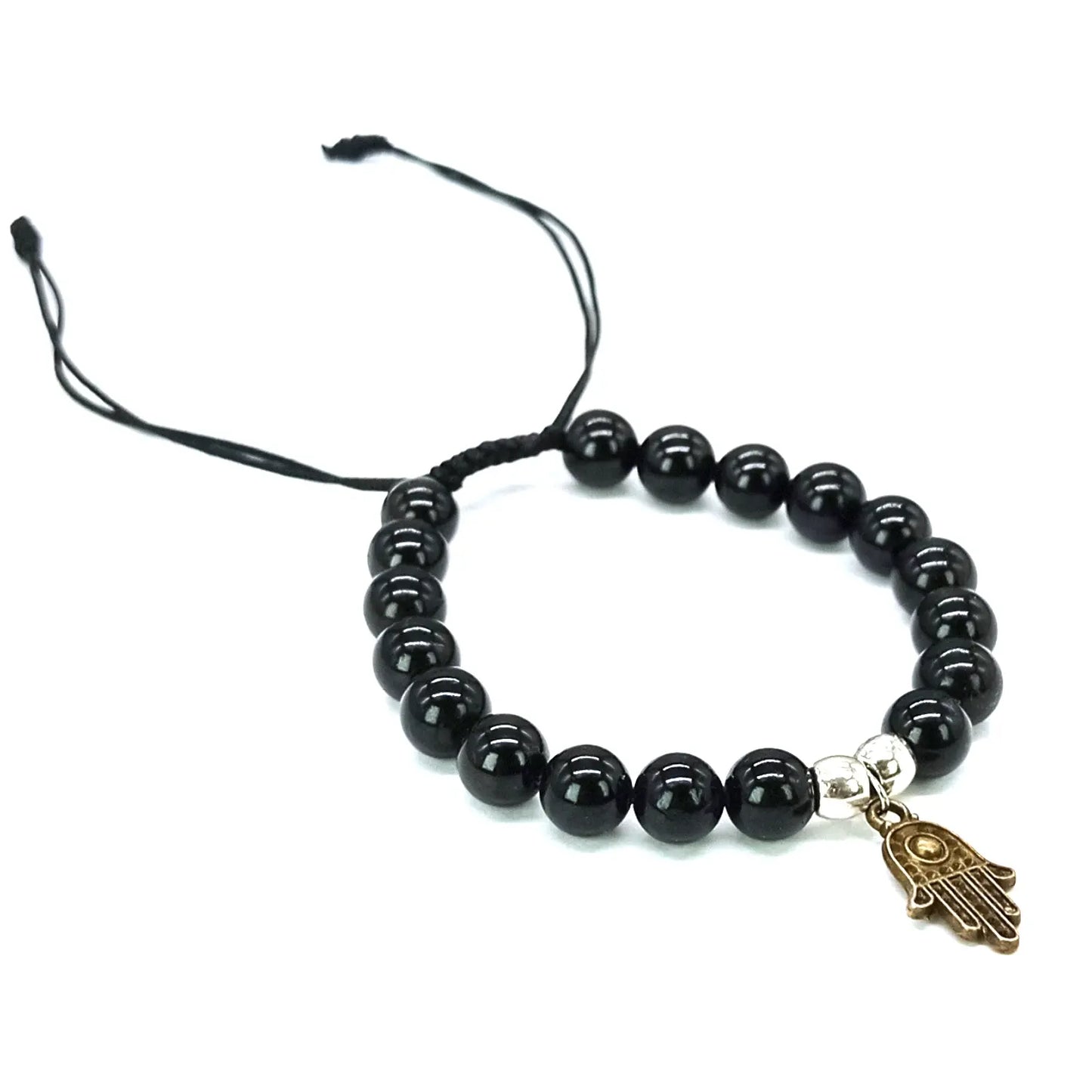 Pulsera Turmalina Negra con Mano de Fátima Bronce para Protección - Bisutería Lola C