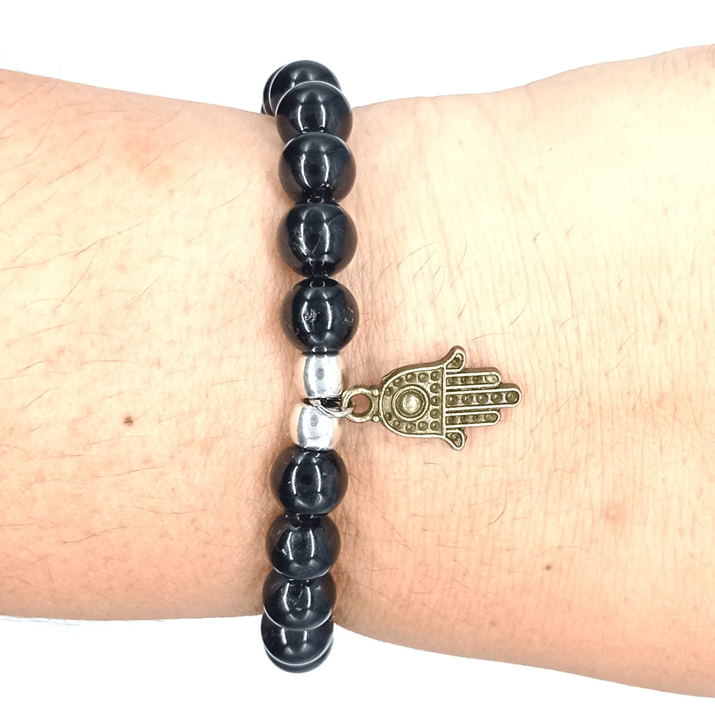 Pulsera Turmalina Negra con Mano de Fátima Bronce para Protección - Bisutería Lola D