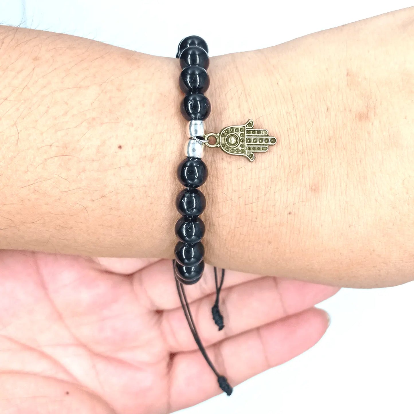 Pulsera Turmalina Negra con Mano de Fátima Bronce para Protección - Bisutería Lola B