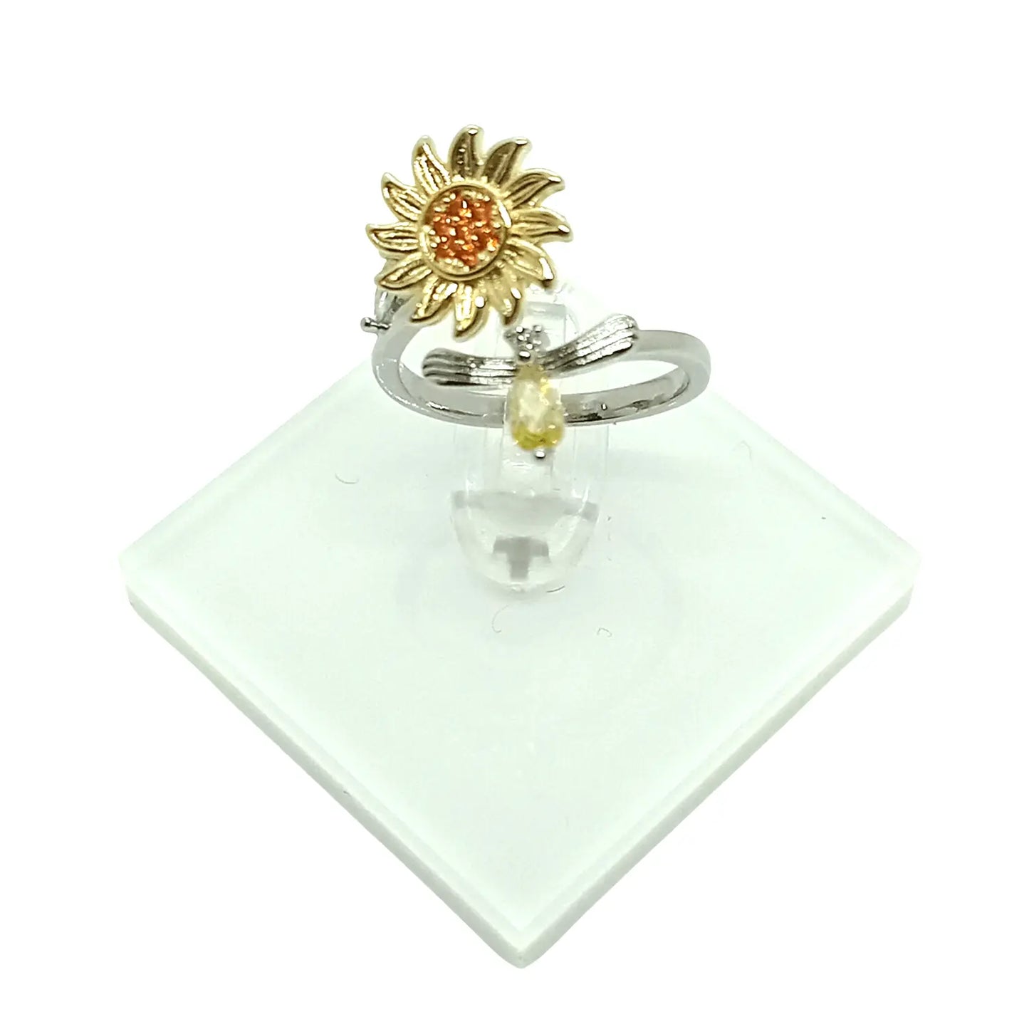 Anillo Ajustable Girasol Giratorio – Cobre Enchapado en Plata - Bisutería Lola C