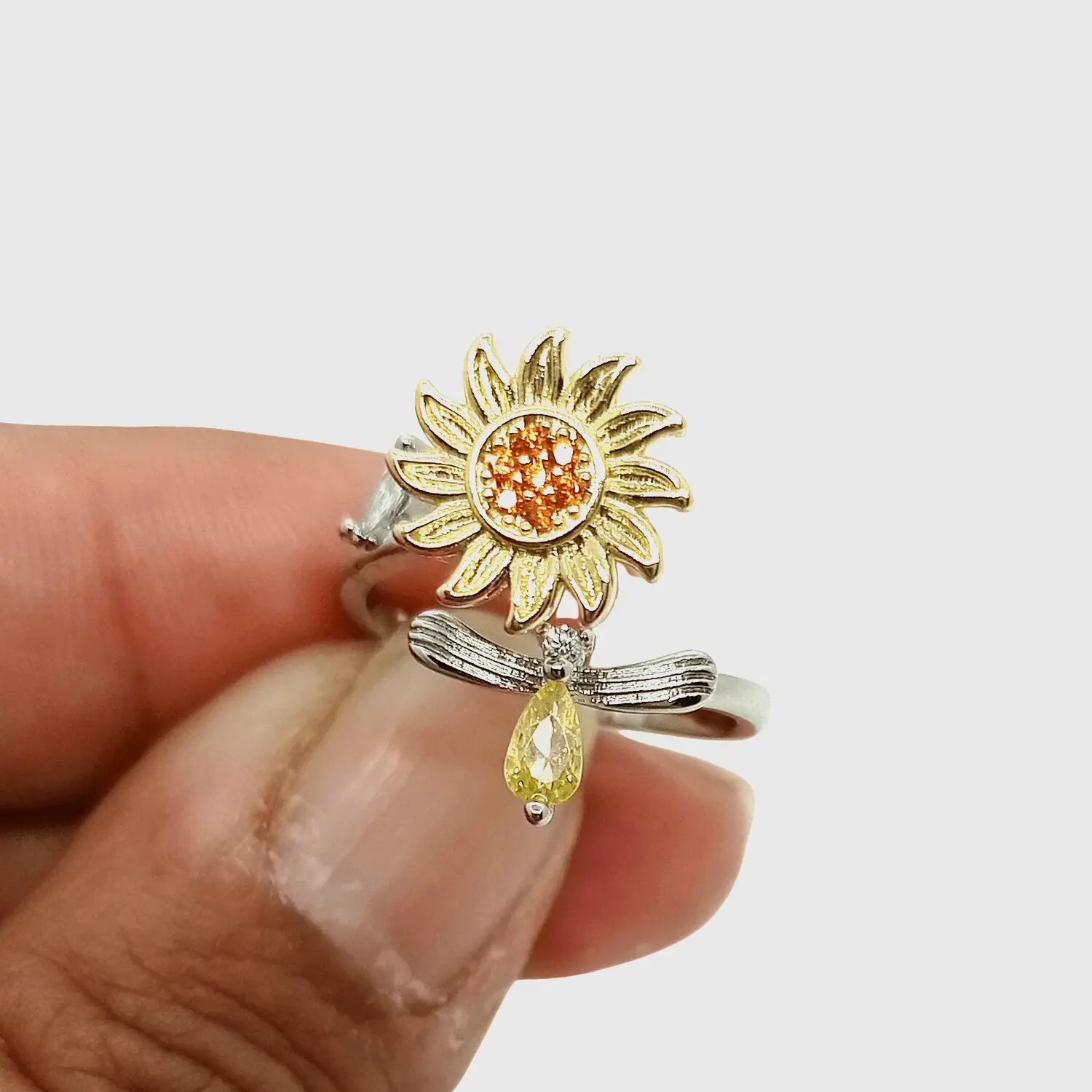 Anillo Ajustable Girasol Giratorio – Cobre Enchapado en Plata - Bisutería Lola D