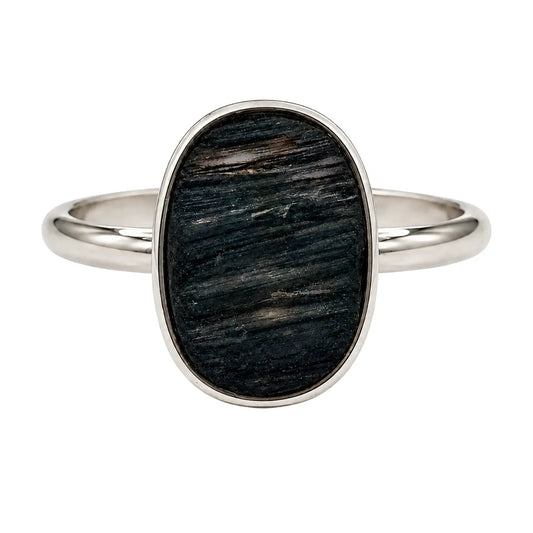 Anillo Turmalina Negra En Bruto Acero Ajustable Protección - Bisutería Lola A