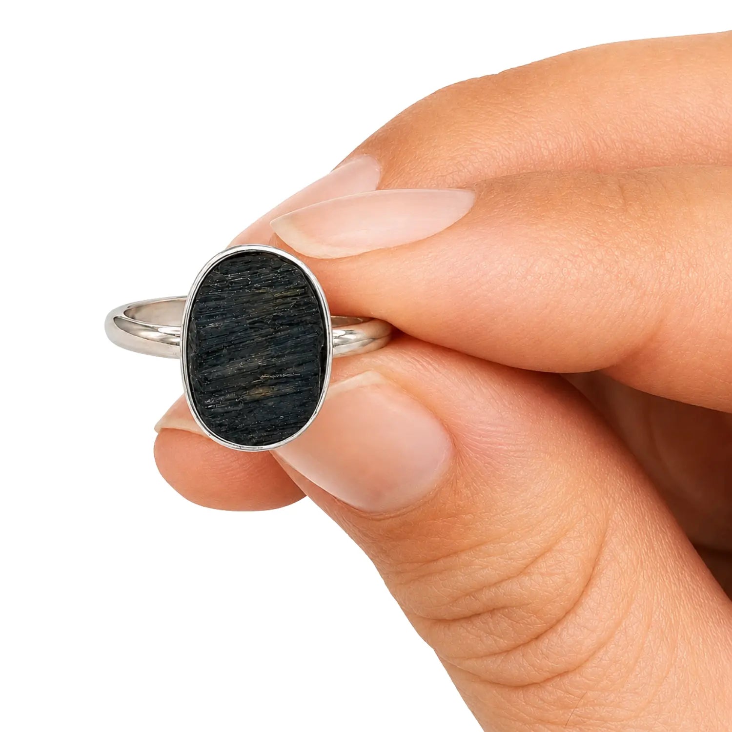 Anillo Turmalina Negra En Bruto Acero Ajustable Protección - Bisutería Lola C