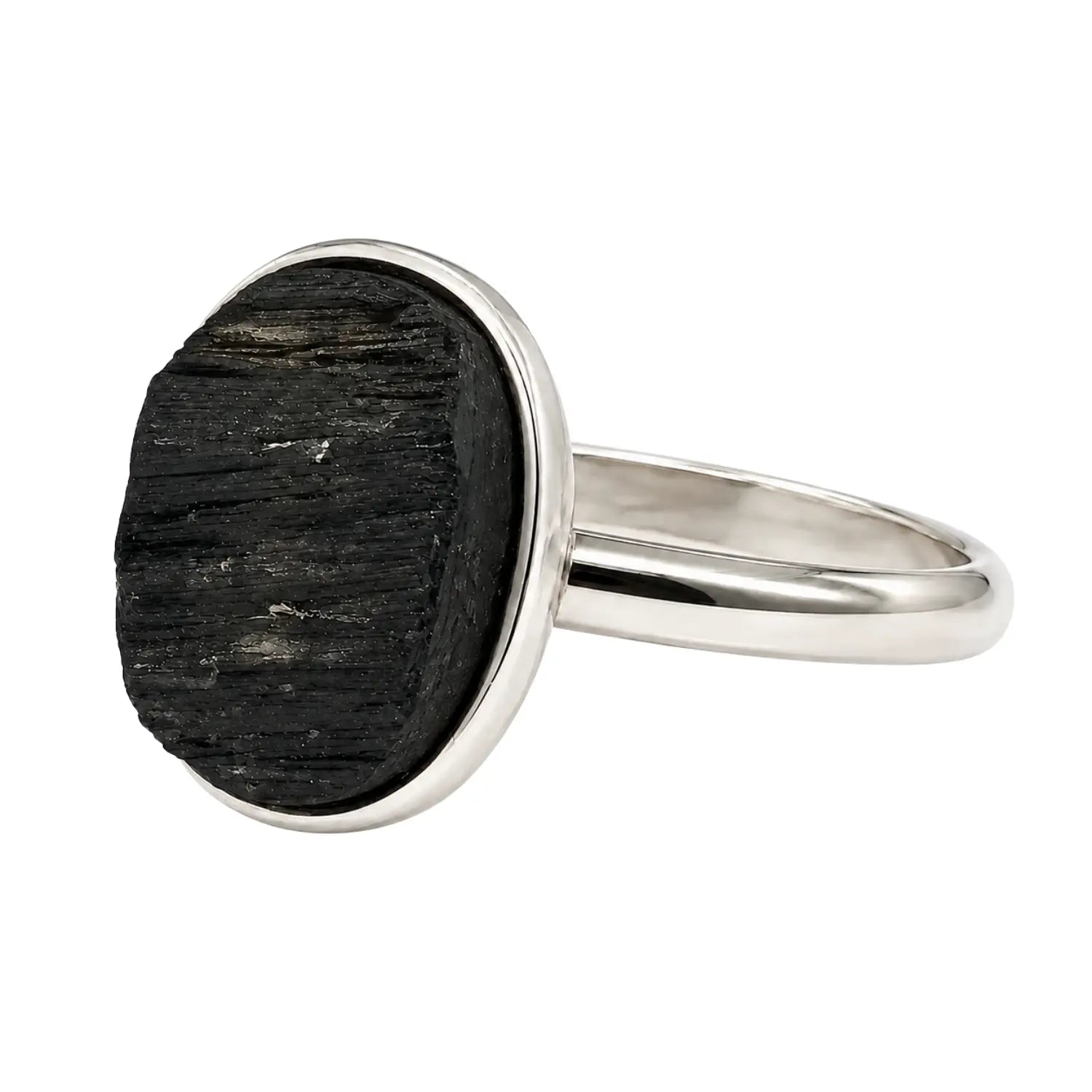 Anillo Turmalina Negra En Bruto Acero Ajustable Protección - Bisutería Lola D