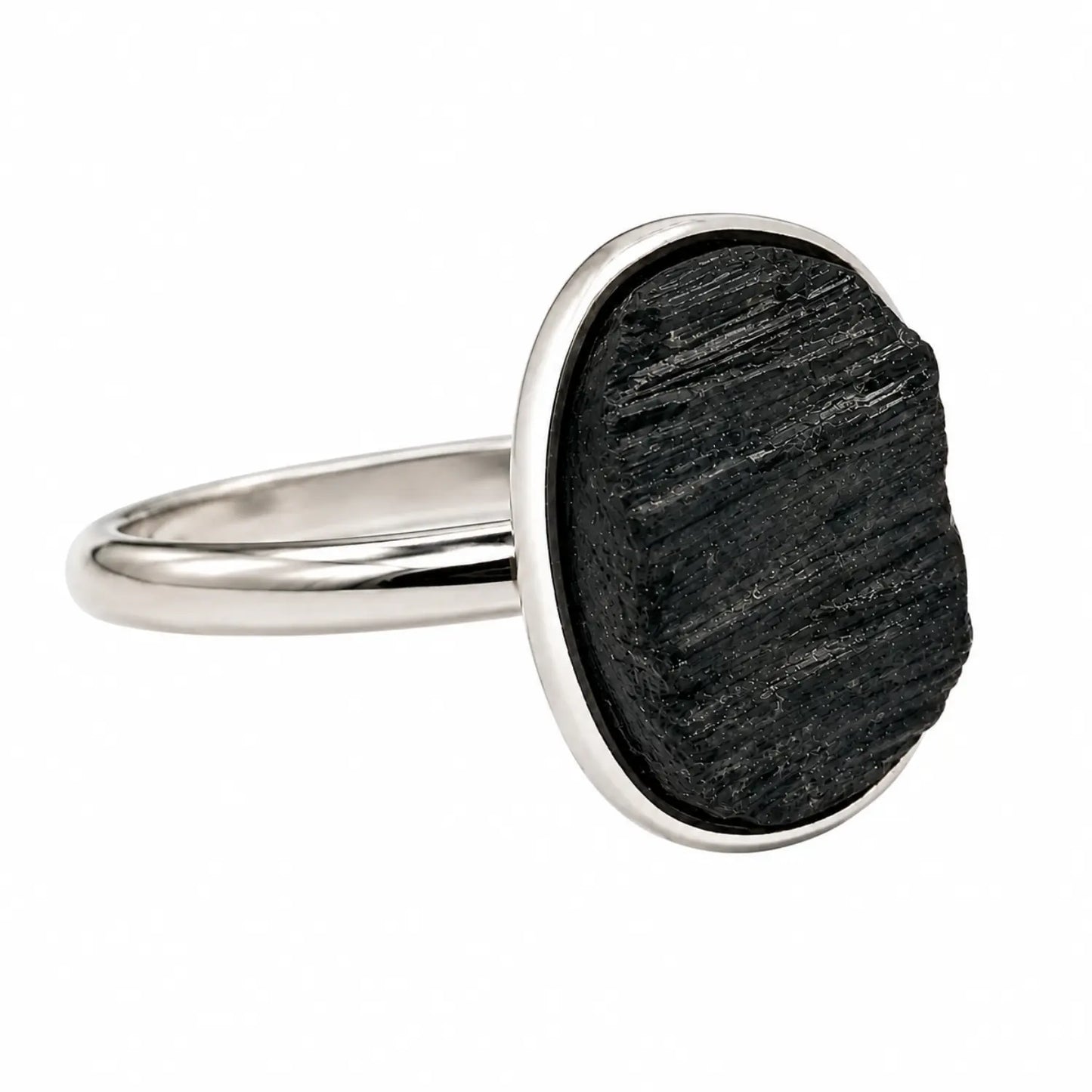 Anillo Turmalina Negra En Bruto Acero Ajustable Protección - Bisutería Lola F
