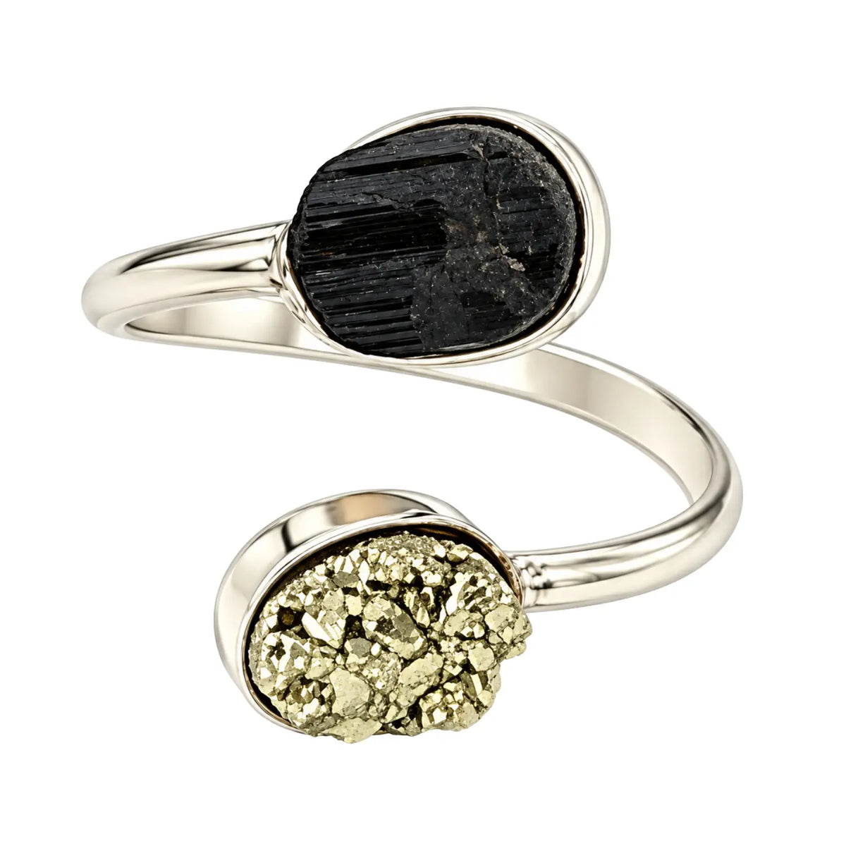 Anillo Turmalina Negra y Pirita en Bruto Protección y Prosperidad - Bisutería Lola A