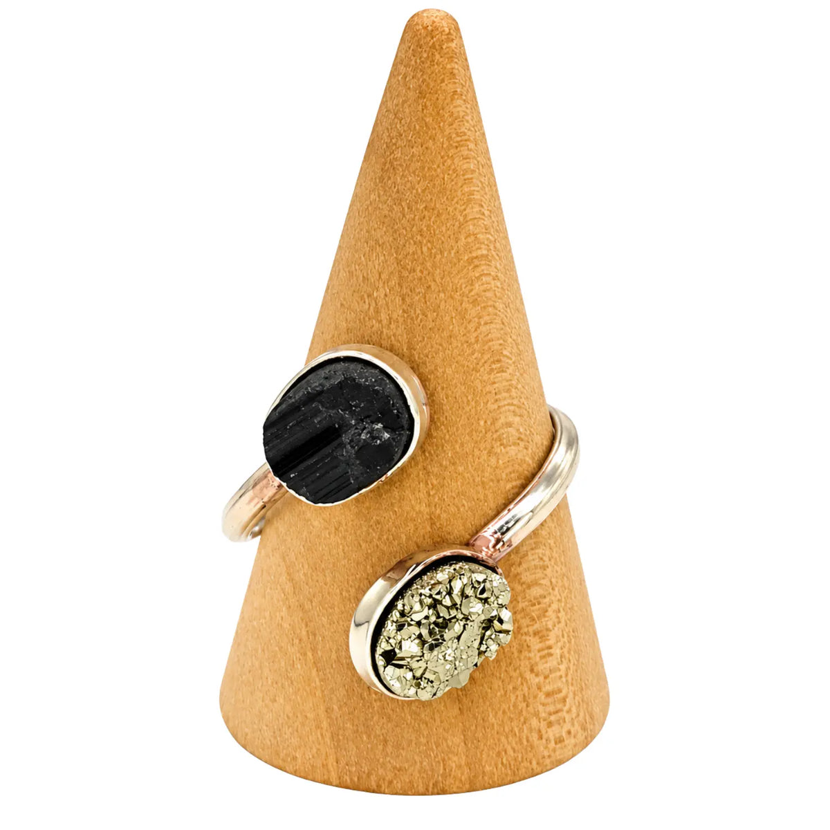 Anillo Turmalina Negra y Pirita en Bruto Protección y Prosperidad - Bisutería Lola B