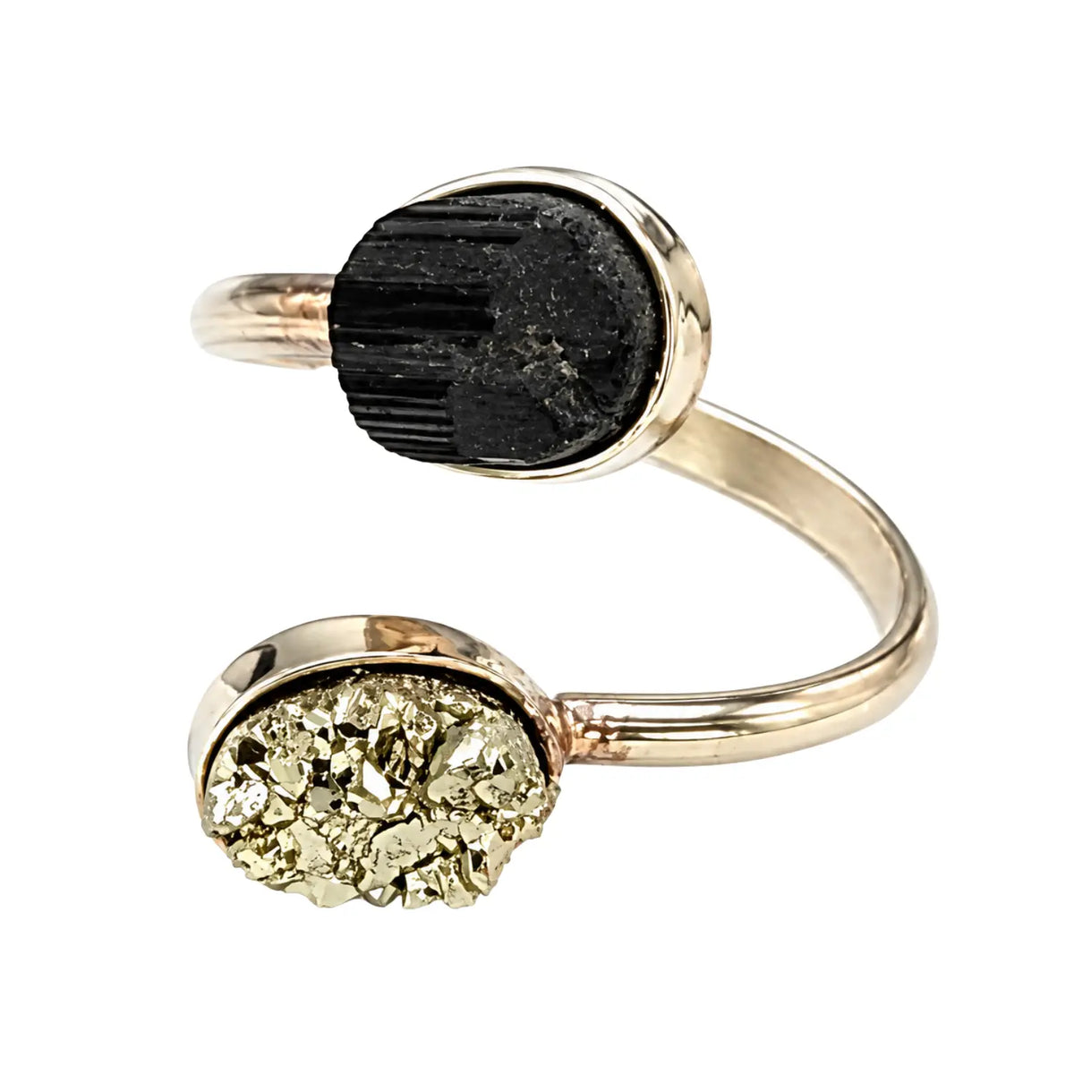 Anillo Turmalina Negra y Pirita en Bruto Protección y Prosperidad - Bisutería Lola C