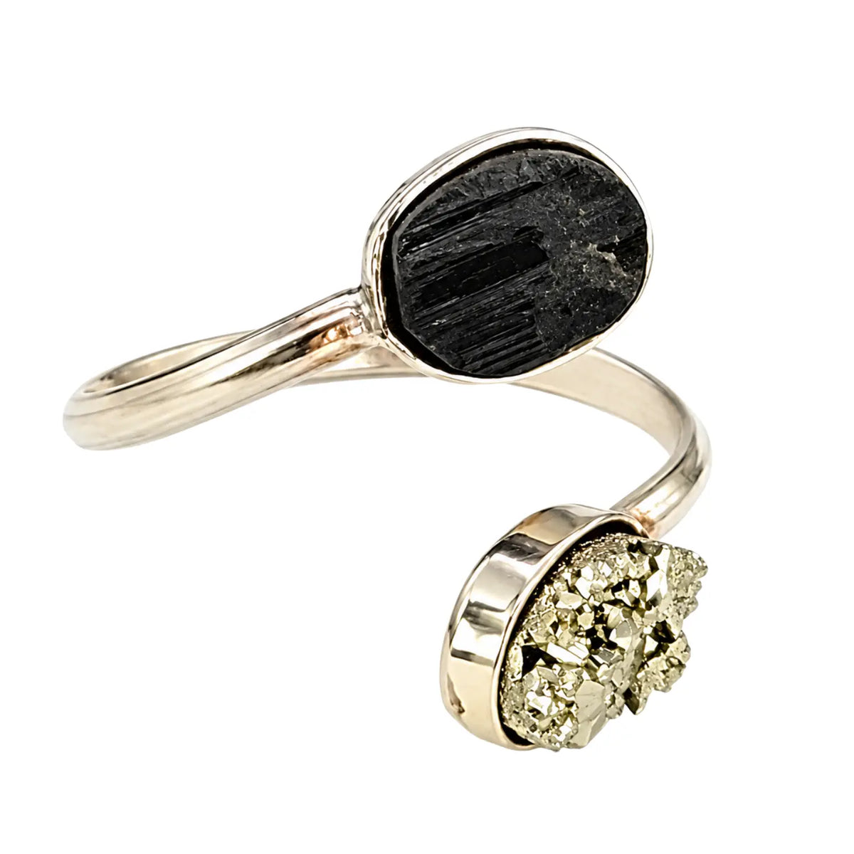 Anillo Turmalina Negra y Pirita en Bruto Protección y Prosperidad - Bisutería Lola E