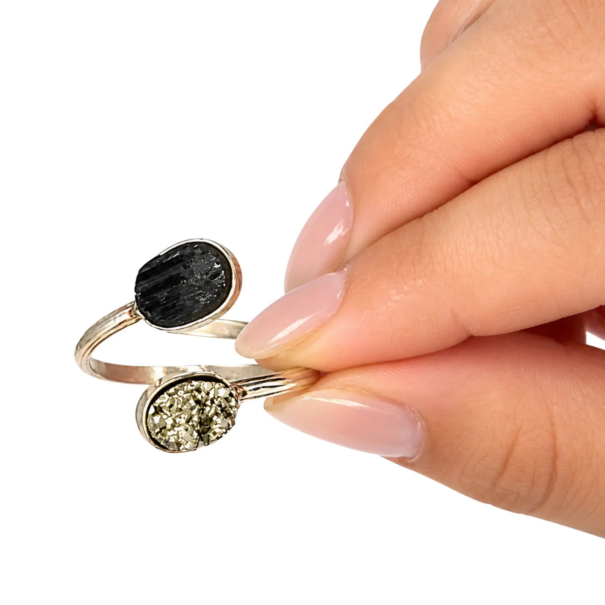 Anillo Turmalina Negra y Pirita en Bruto Protección y Prosperidad - Bisutería Lola D