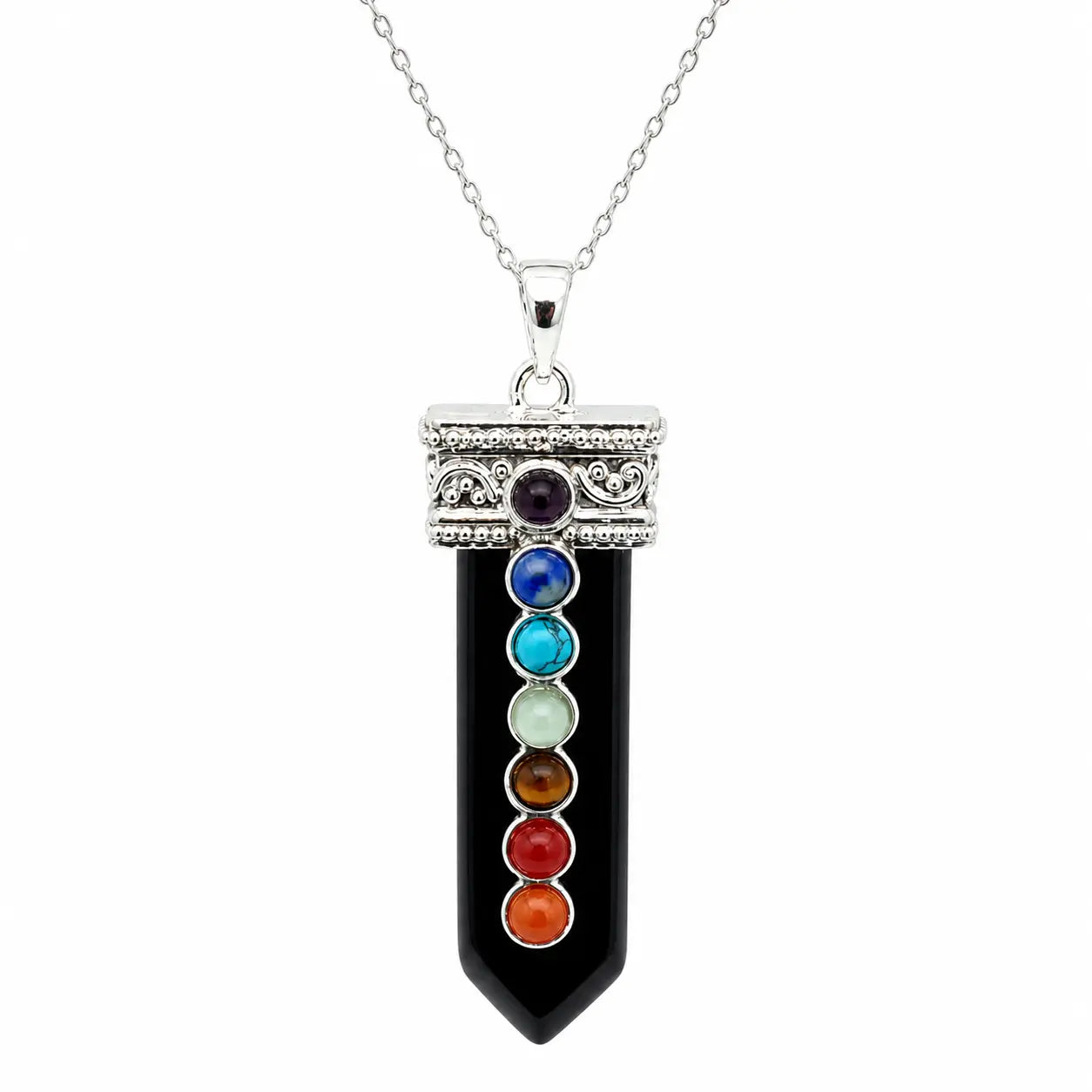 Collar Punta Ónix 7 Chakras con Cadena de Plata - Bisutería Lola A