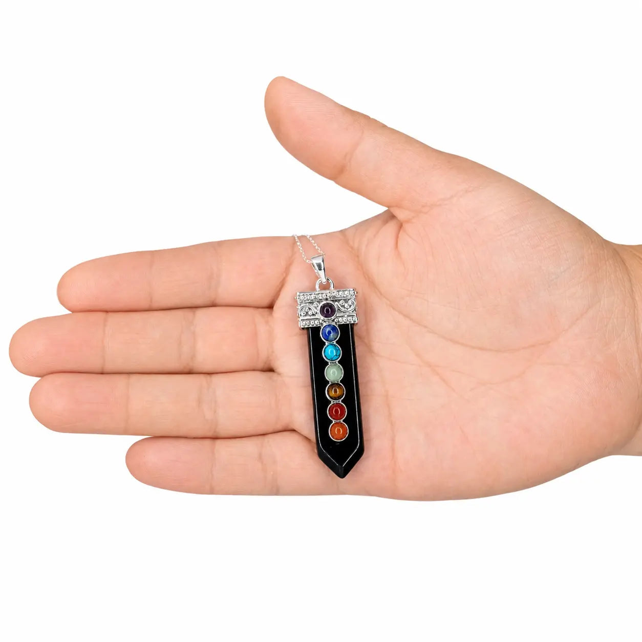 Collar Punta Ónix 7 Chakras con Cadena de Plata - Bisutería Lola C