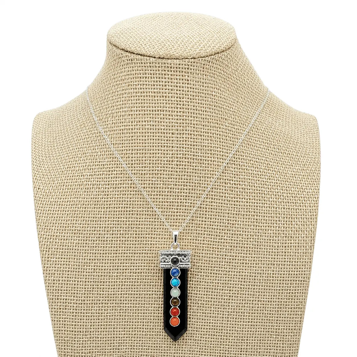 Collar Punta Ónix 7 Chakras con Cadena de Plata - Bisutería Lola E