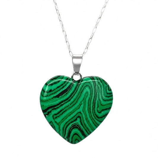 Collar Corazón Piedra Natural Malaquita con Cadena de Plata - Bisutería Lola A