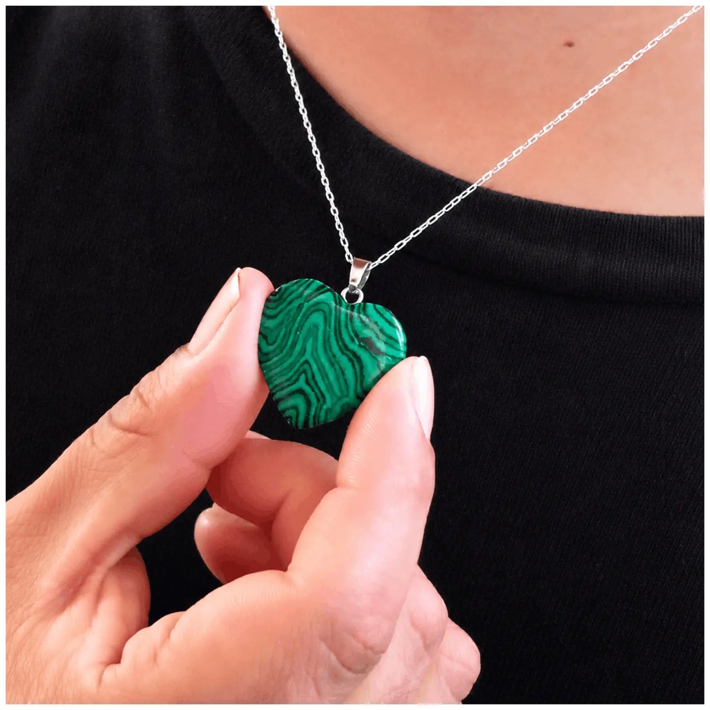 Collar Corazón Piedra Natural Malaquita con Cadena de Plata - Bisutería Lola B