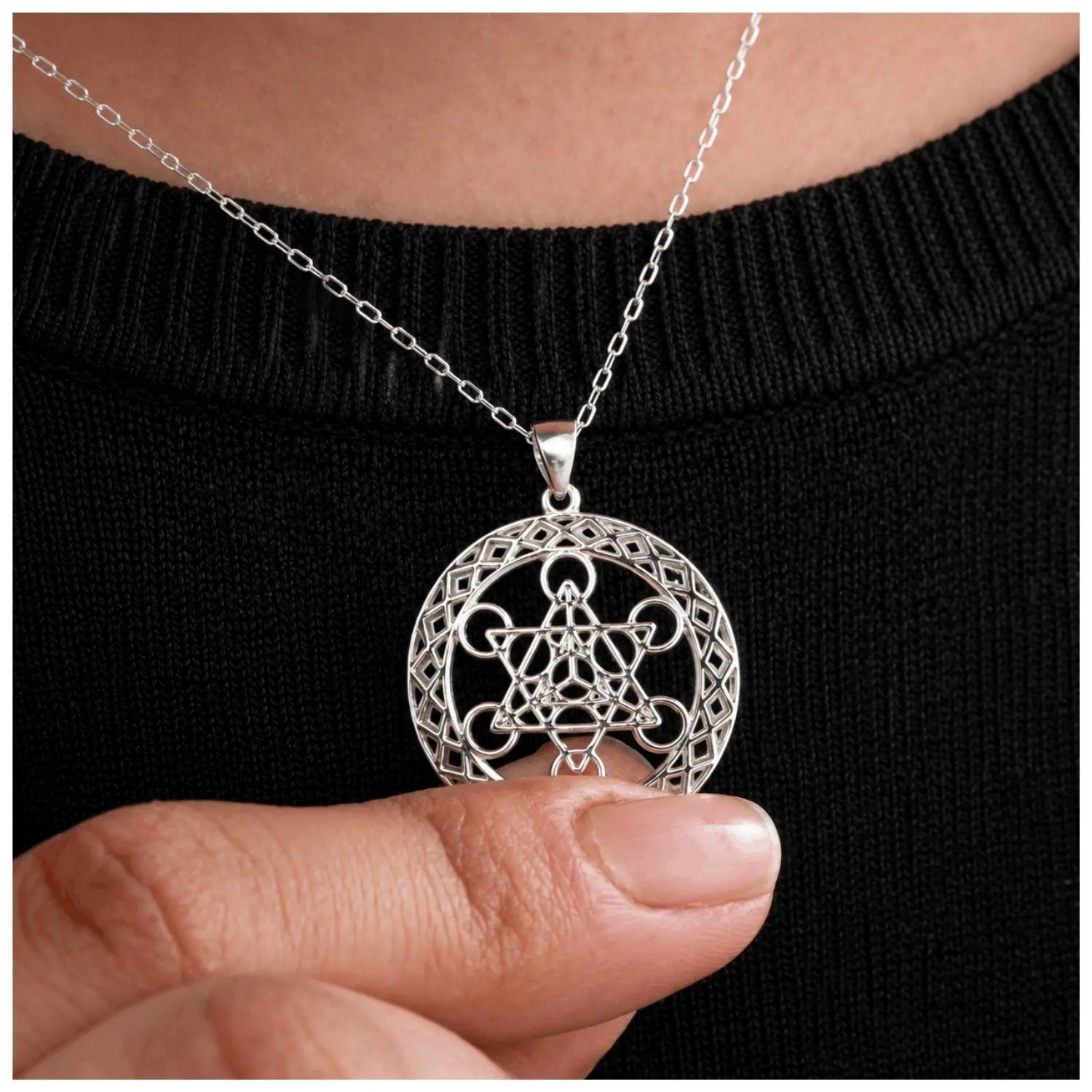 Collar Cubo Metatrón Grande Plata 925 Protección 50 Cm - Bisutería Lola B