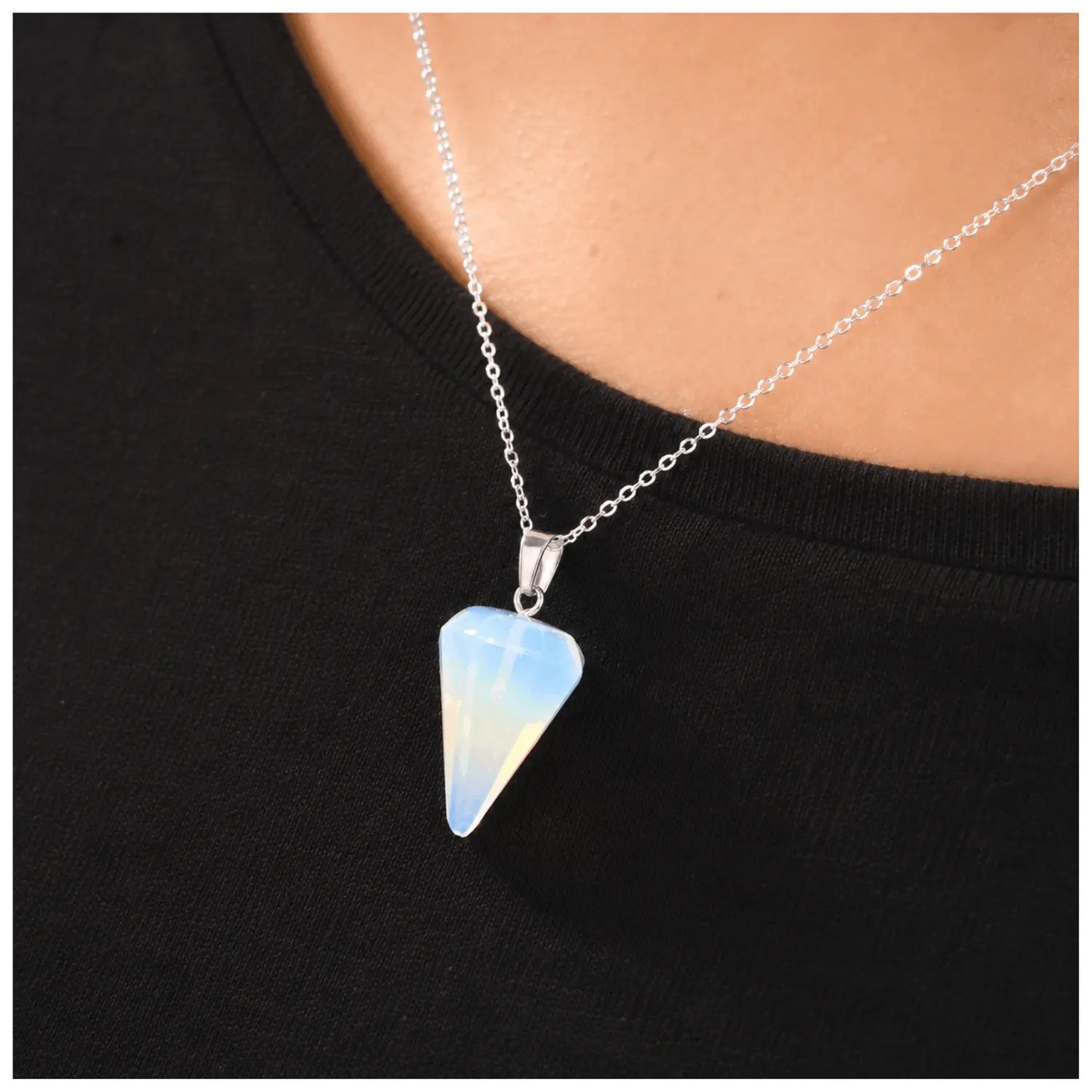 Collar Péndulo Piedra Luna Opalina Cadena Plata 925 - Bisutería Lola D