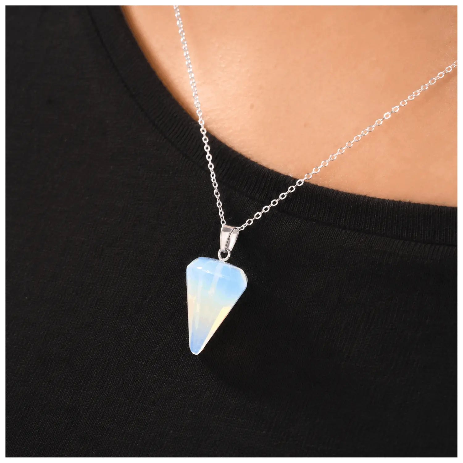 Collar Péndulo Piedra Luna Opalina Cadena Plata 925 - Bisutería Lola D
