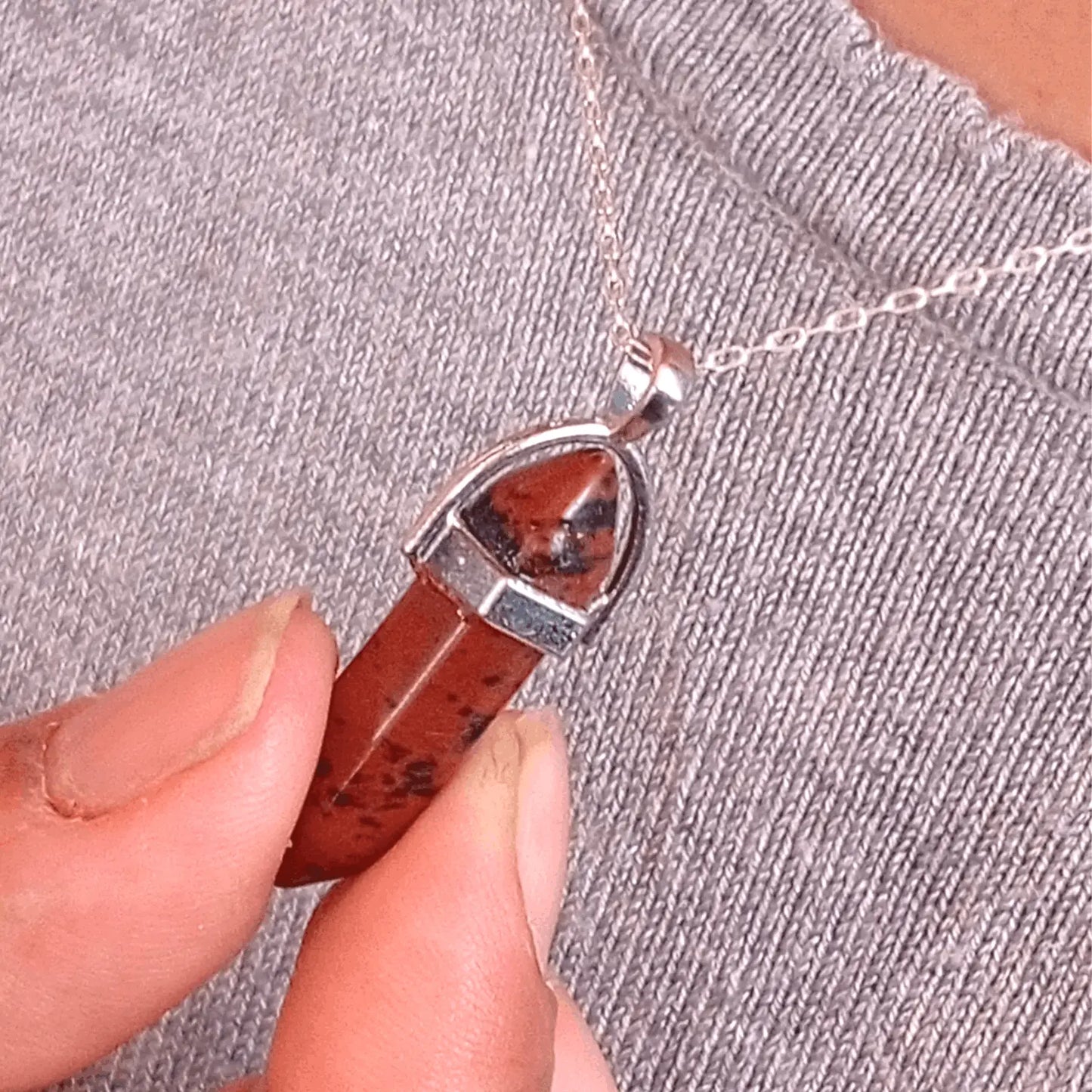 Collar Punta Obsidiana Caoba Natural Plata 925 Protección - Bisuteria Lola B