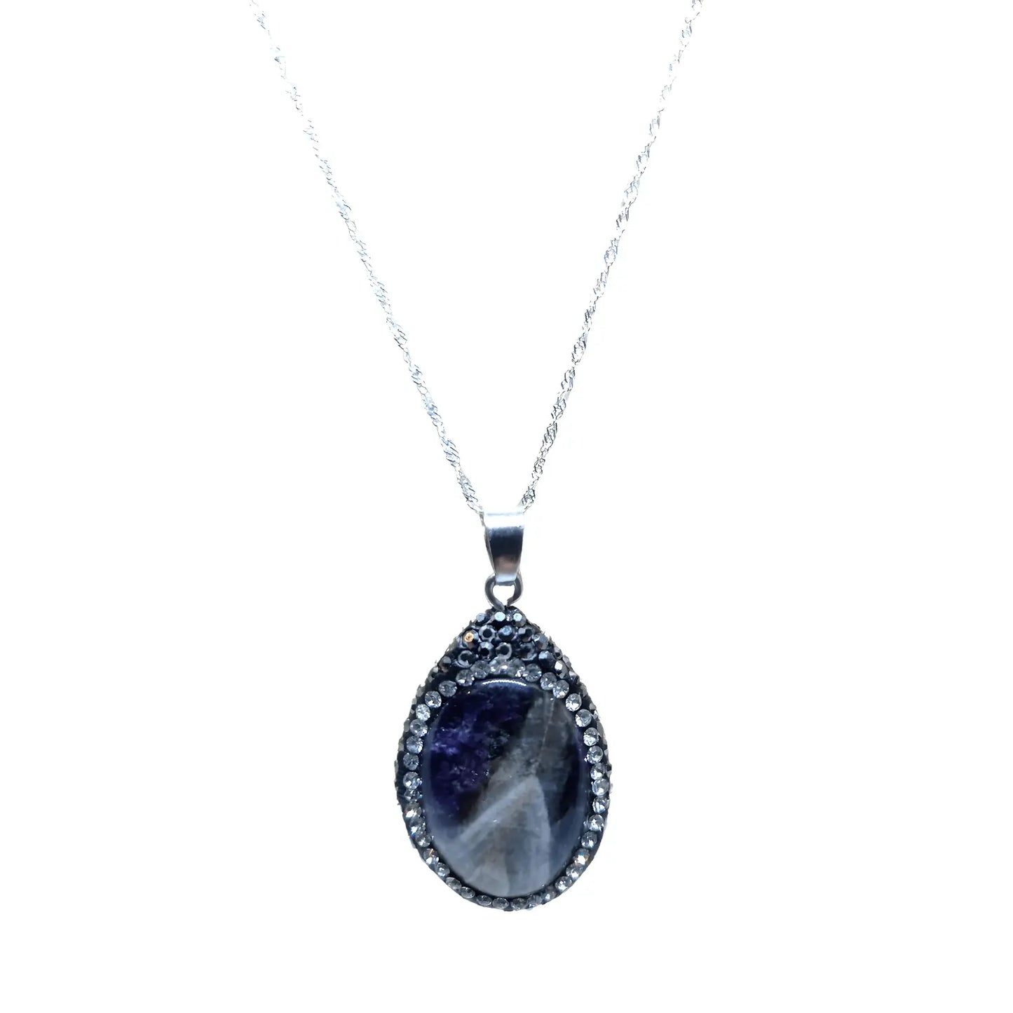 Collar con Colgante Ovalado Amatista Borde de Strass con Cadena de Plata - Bisutería Lola A