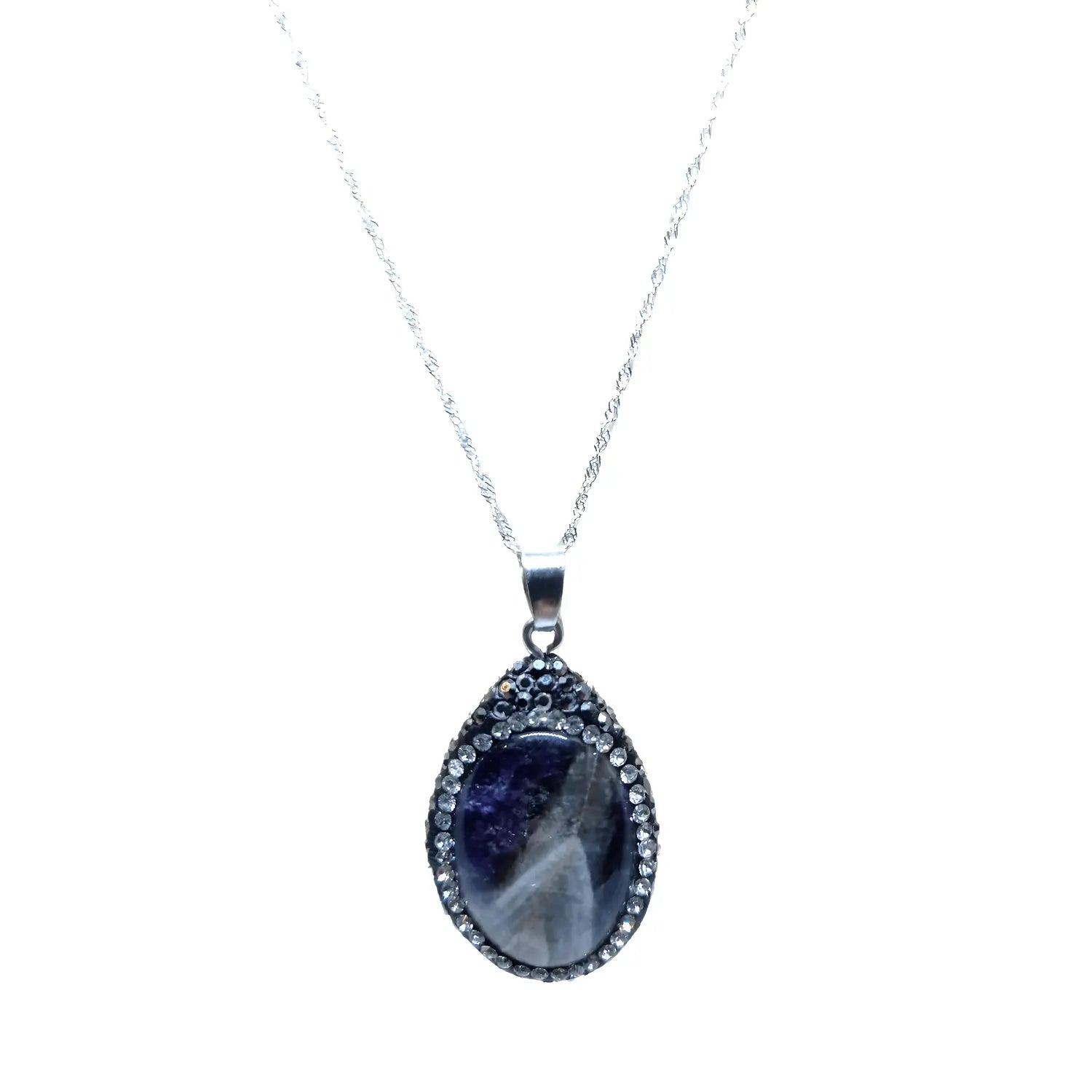 Collar con Colgante Ovalado Amatista Borde de Strass con Cadena de Plata - Bisutería Lola A