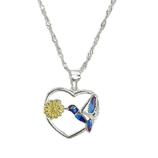 Collar de Plata Corazón Colibrí Zircón y Margarita - Bisutería Lola A