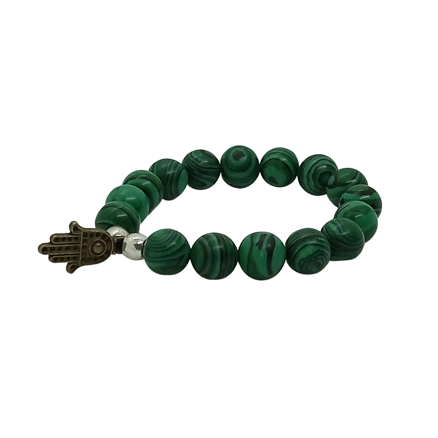 Pulsera Artesanal Malaquita con Mano de Fátima – Malaquita Natural de 10MM con Mano de Bronce (Unisex)