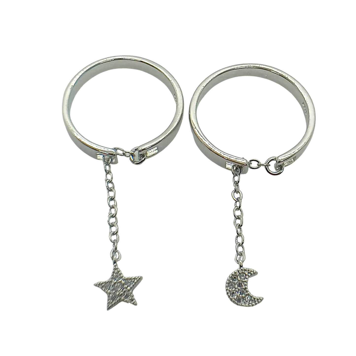 Pack Anillos Cadena: Luna y Estrella – Enchapado en Plata con Zirconia