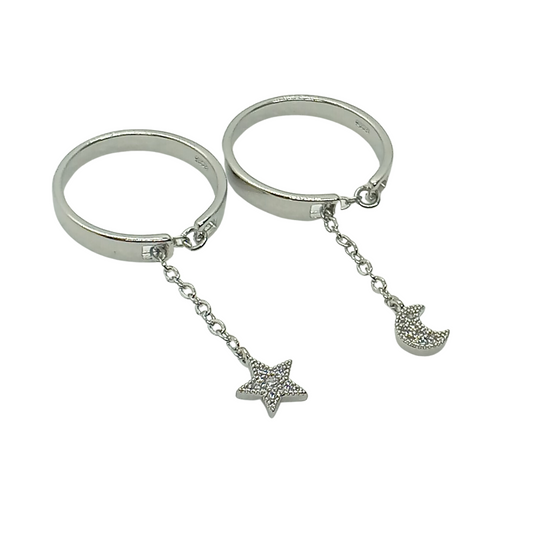 Pack Anillos Cadena: Luna y Estrella – Enchapado en Plata con Zirconia