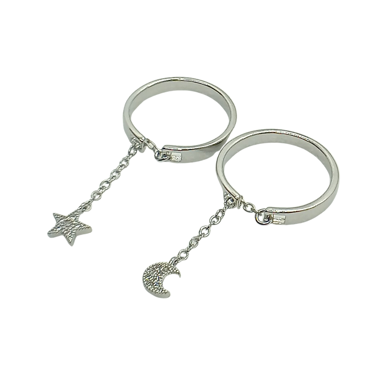 Pack Anillos Cadena: Luna y Estrella – Enchapado en Plata con Zirconia