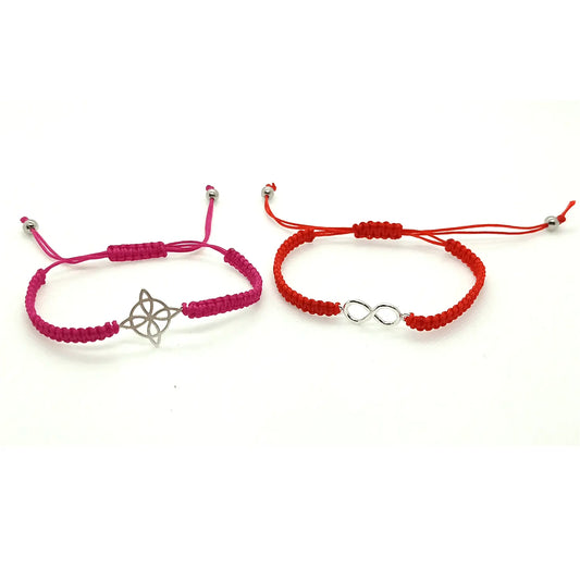 Pack de 2 Pulseras Hilo: Fucsia con Dije de Nudo de Bruja y Roja con Dije Infinito de Plata – Hilo Macramé Reciclado