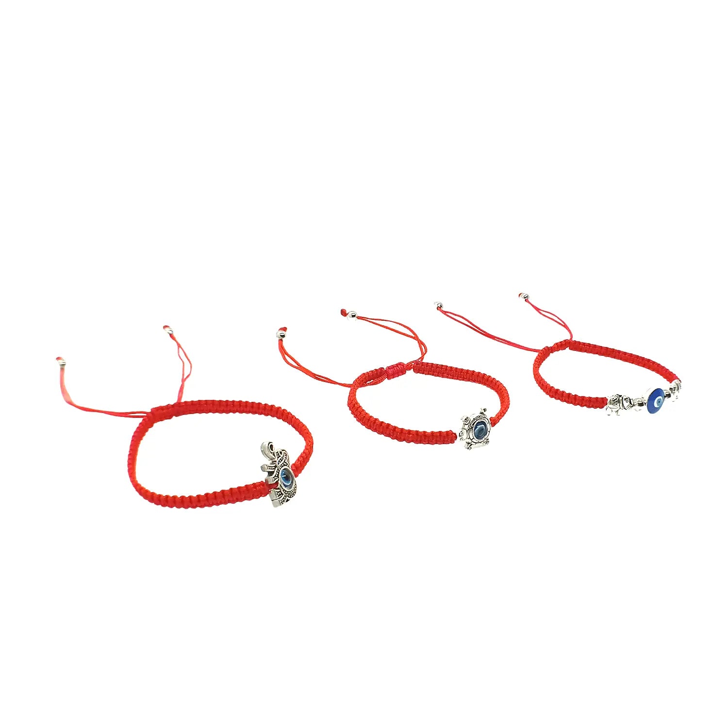 Pack Pulseras de Protección Hilo Rojo Ojo Turco con Elefante, Dije de Tortuga, Ojo Turco y Elefante con Ojo Turco – Hilo Macramé Reciclado - Bisutería Lola B