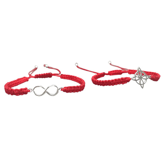 Pack de 2 Pulseras Hilo Rojo con Dije Infinito y Nudo de Bruja de Plata – Hilo Macramé Reciclado