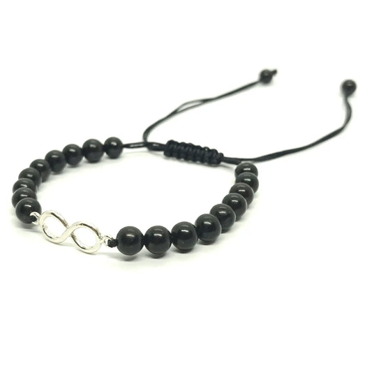 Pulsera Artesanal Piedra Natural Shungita con Dije Infinito de Plata - Bisutería Lola A