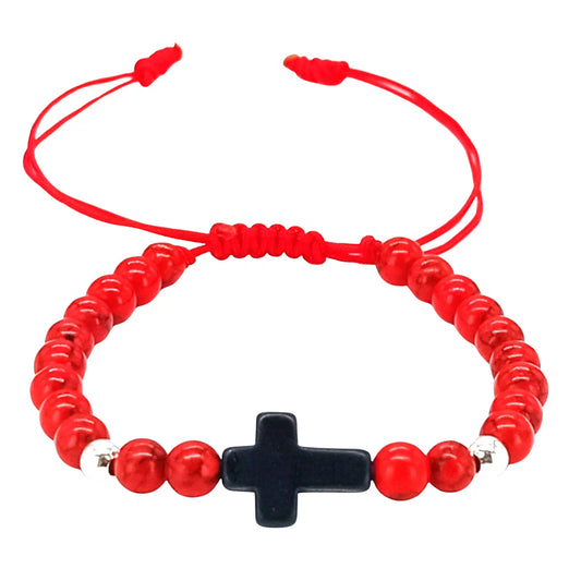 Pulsera Howlita Roja con Dije de Cruz y Separadores de Plata - Bisutería Lola A