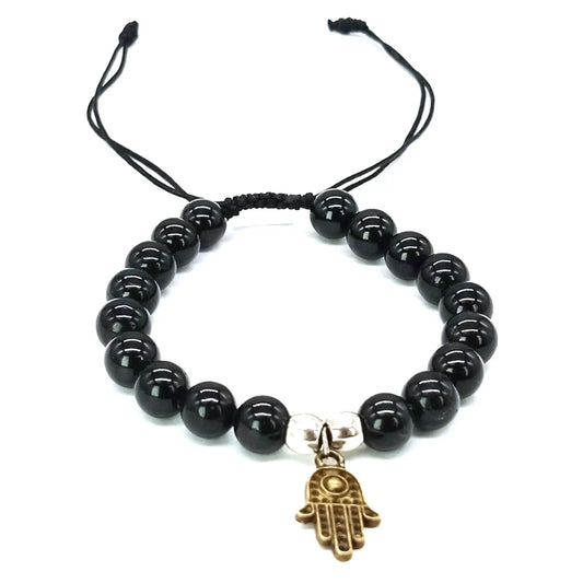 Pulsera Turmalina Negra con Mano de Fátima Bronce para Protección - Bisutería Lola A