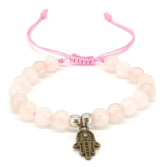 Pulsera Artesanal Cuarzo Rosa con mano de Fátima de Bronce - Bisutería Lola A