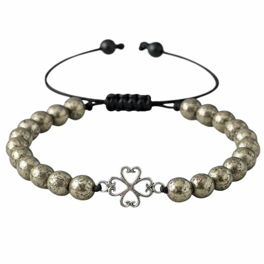 Pulsera Piedra Natural Pirita con Dije Trébol de Plata - Bisutería Lola A