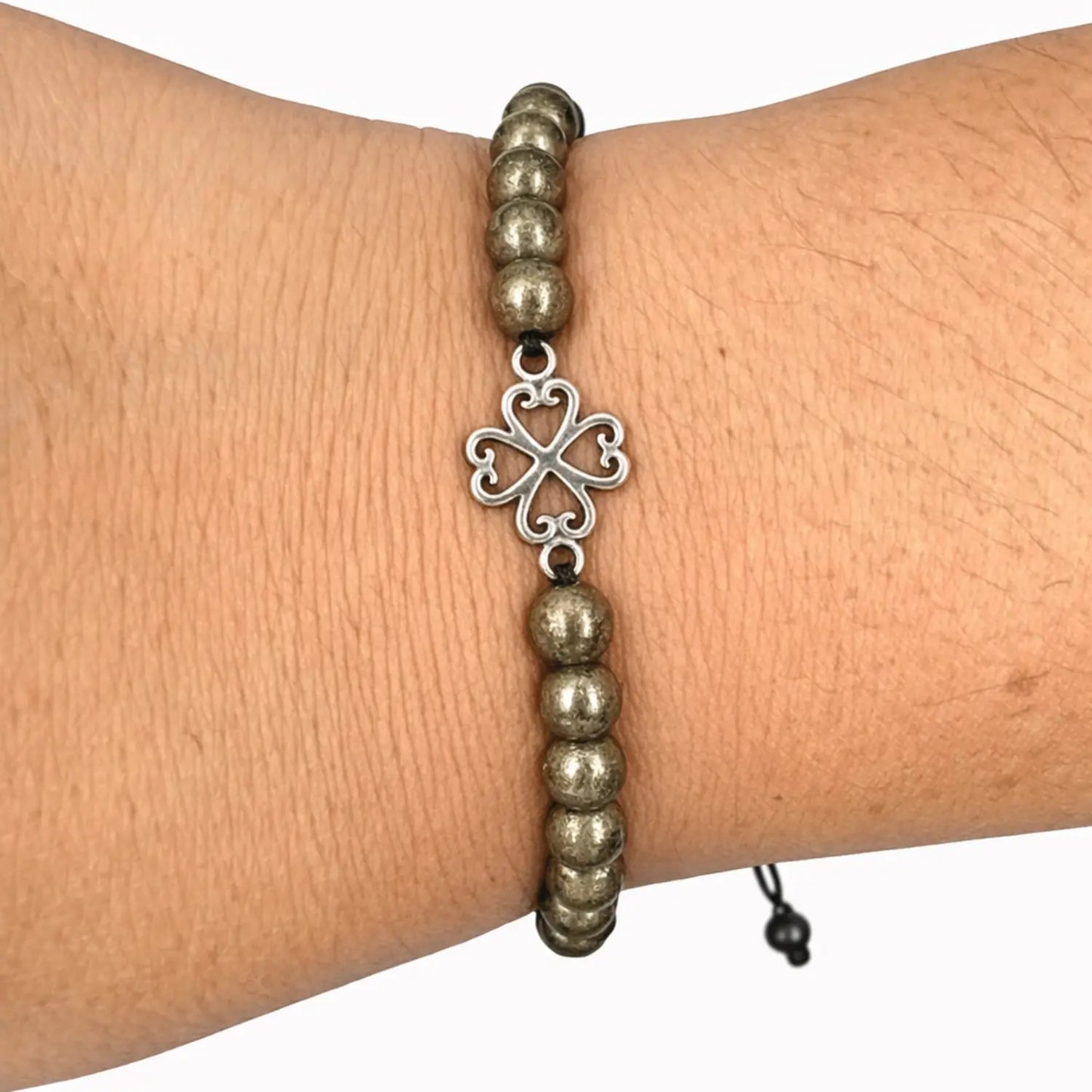 Pulsera Piedra Natural Pirita con Dije Trébol de Plata - Bisutería Lola D