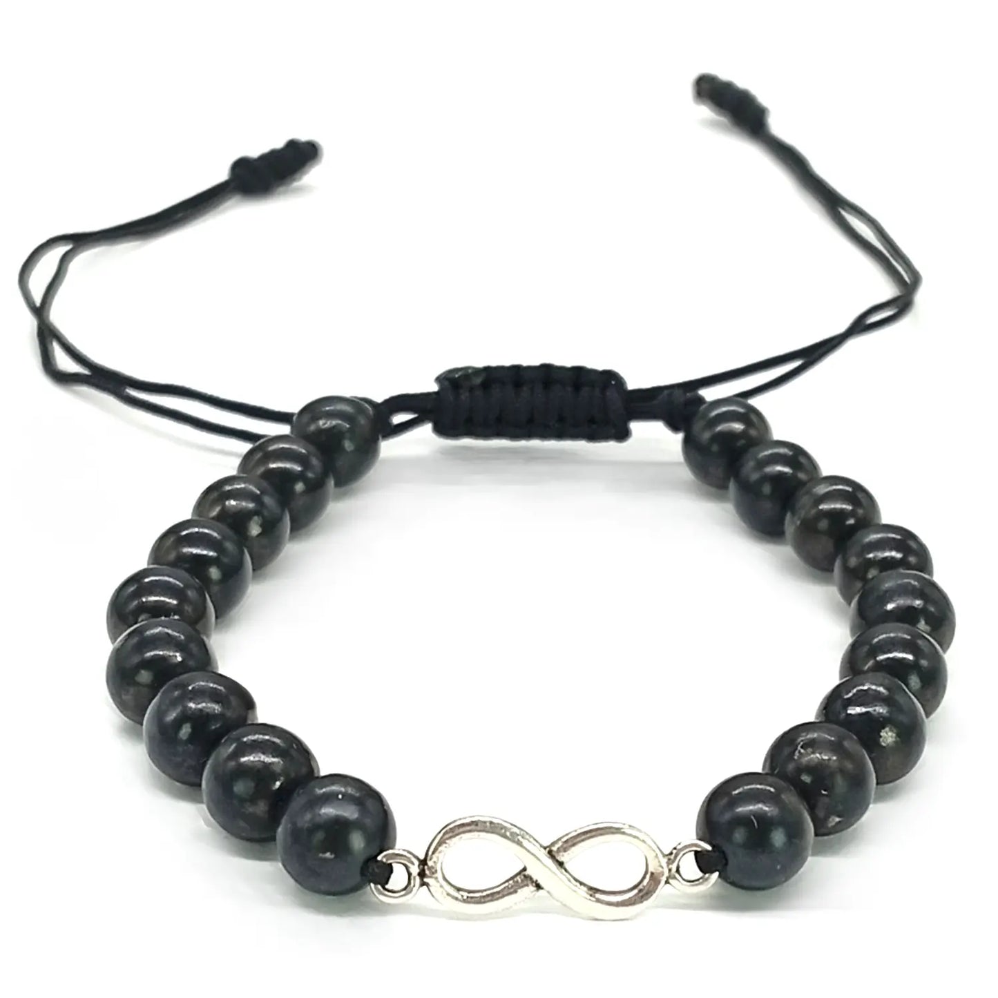 Pulsera Artesanal Piedra Natural Shungita con Dije Infinito de Plata - Bisutería Lola A