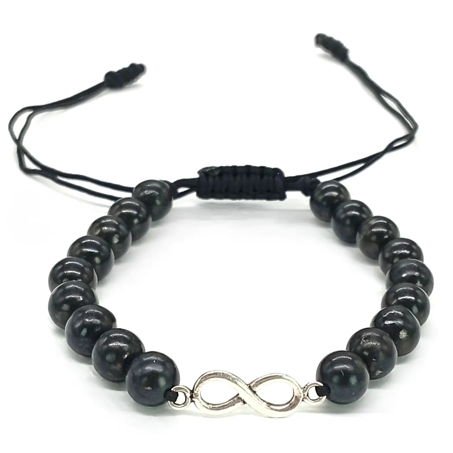 Pulsera Artesanal Piedra Natural Shungita con Dije Infinito de Plata - Bisutería Lola A