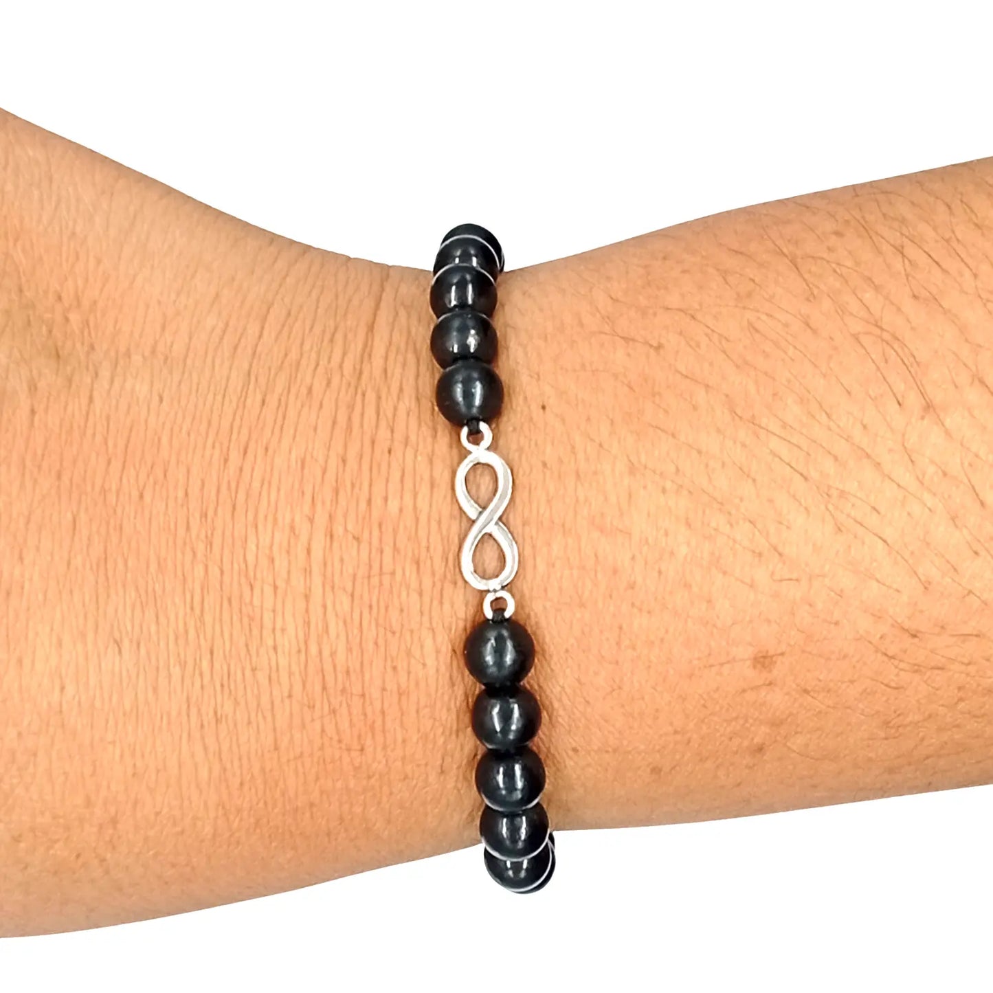 Pulsera Artesanal Piedra Natural Shungita con Dije Infinito de Plata - Bisutería Lola C