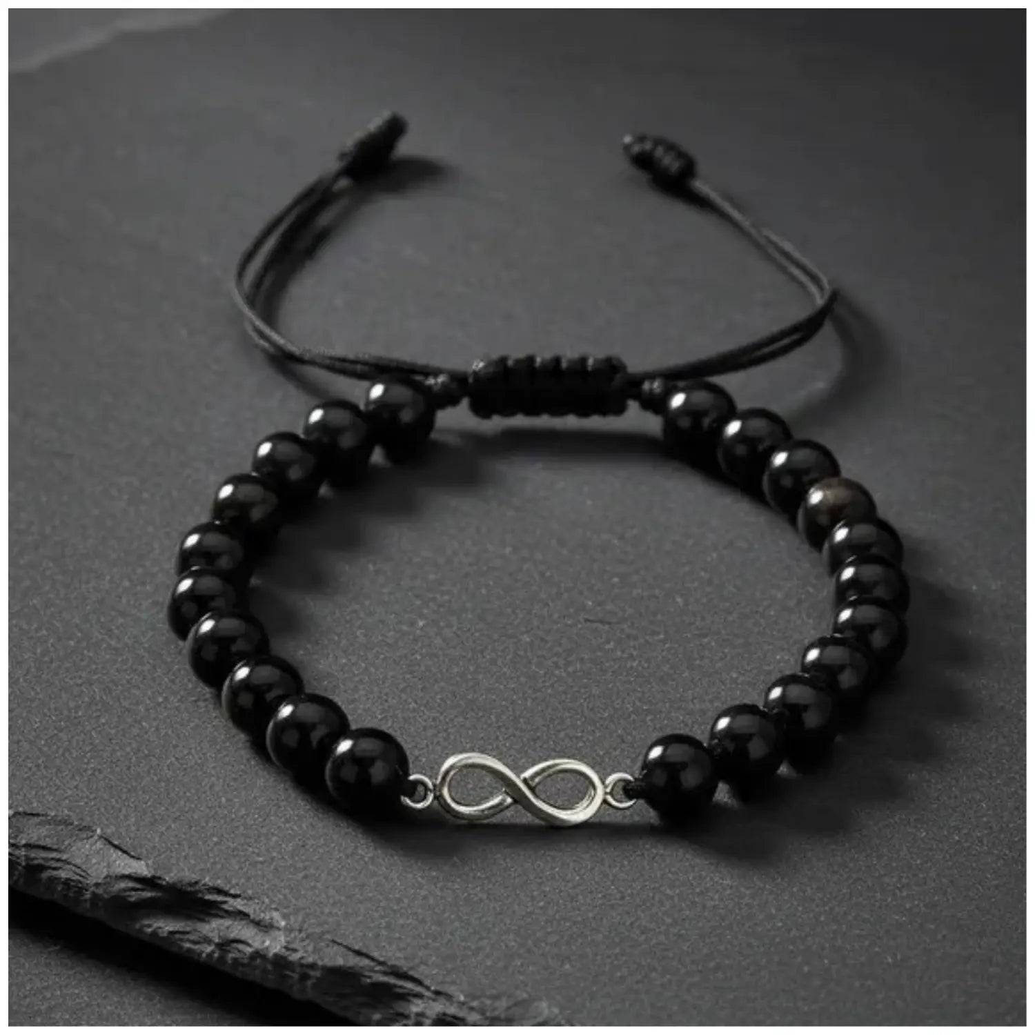 Pulsera Artesanal Piedra Natural Shungita con Dije Infinito de Plata - Bisutería Lola F
