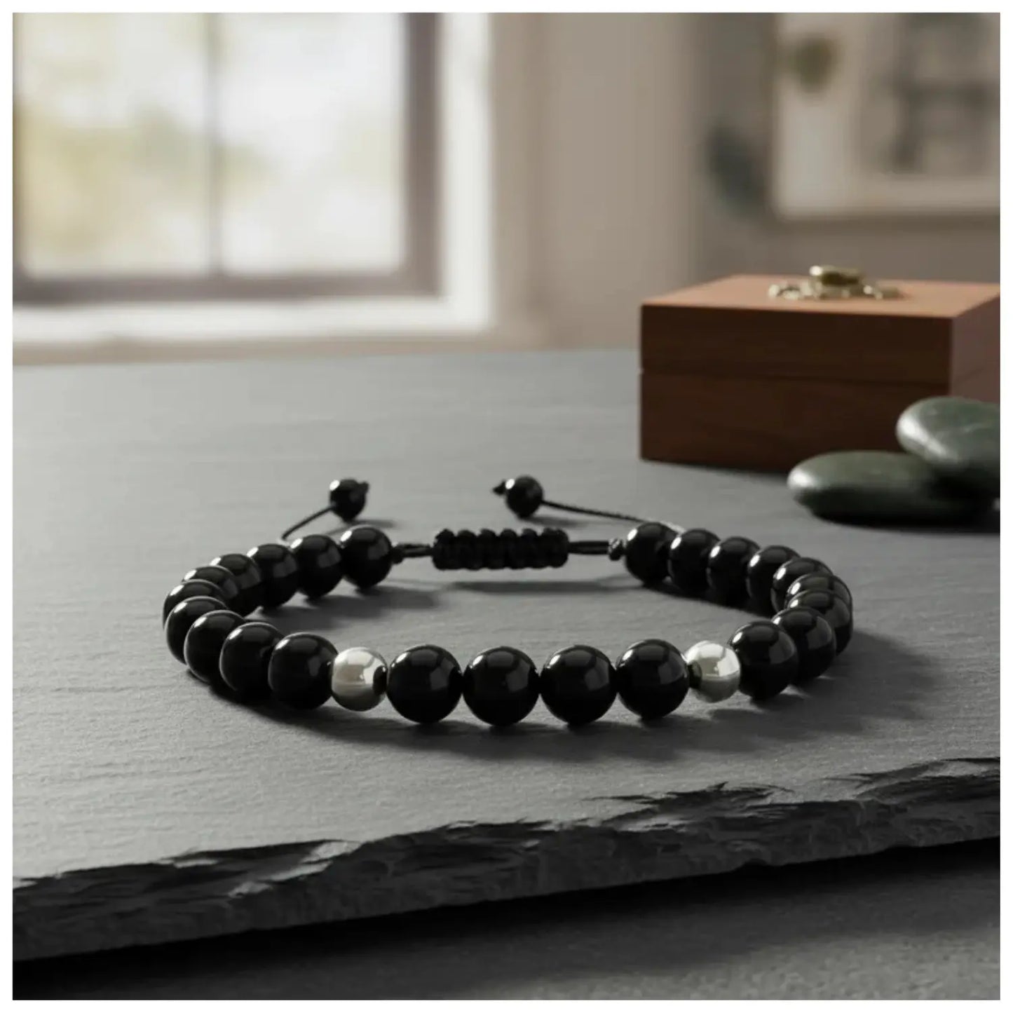Pulsera Obsidiana Negra y Plata Ajustable - Bisutería Lola D