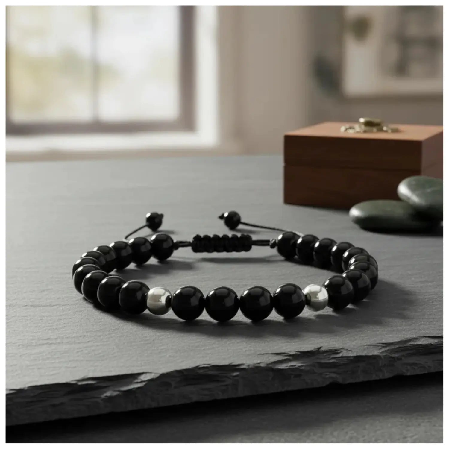 Pulsera Obsidiana Negra y Plata Ajustable - Bisutería Lola D
