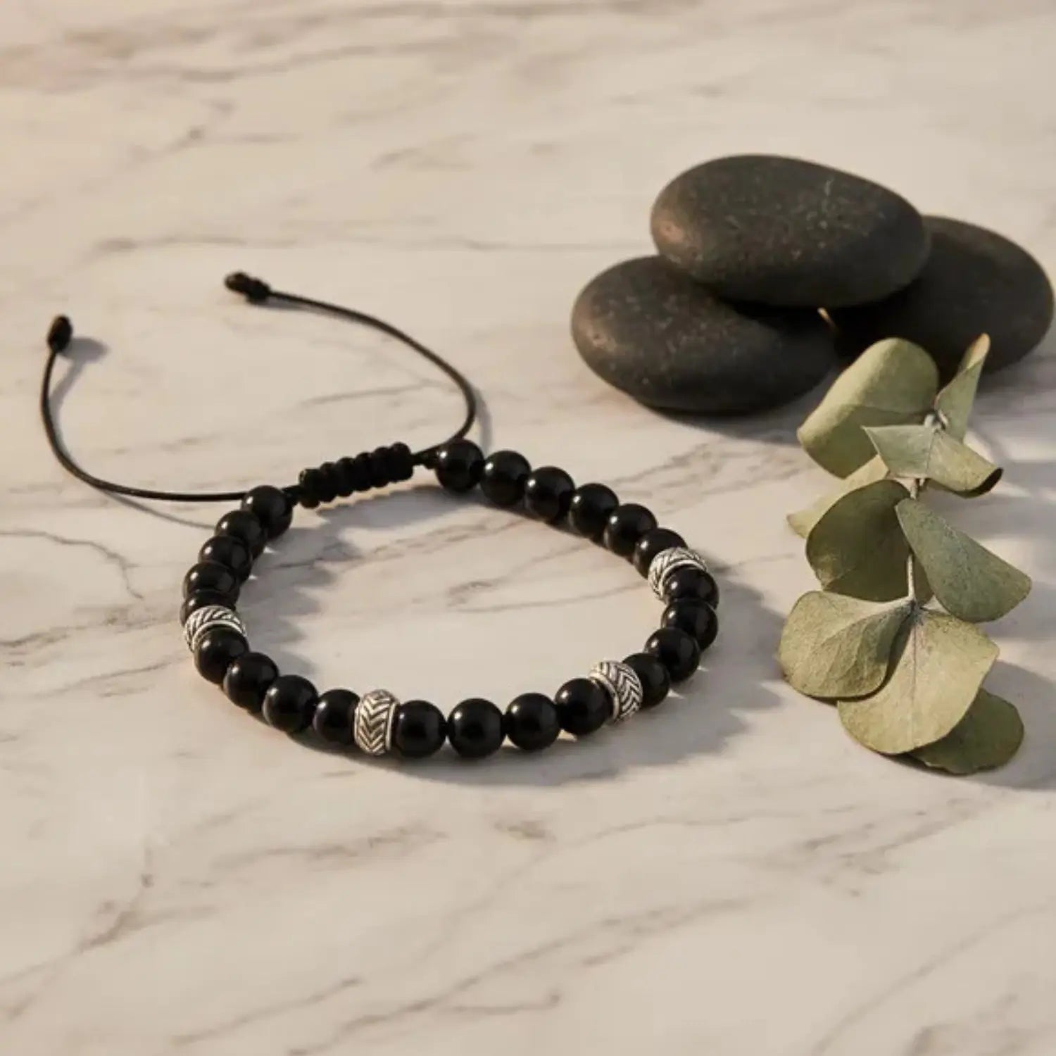 Pulsera Obsidiana Negra y Plata Ajustable - Bisutería Lola H