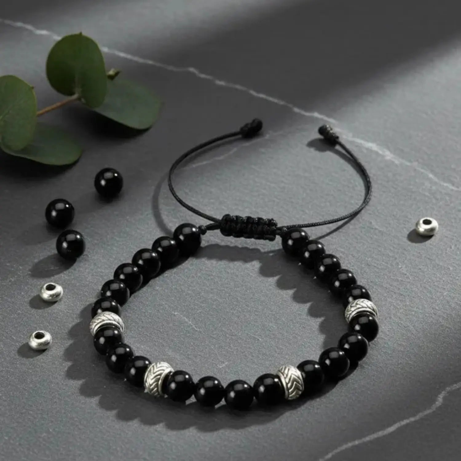 Pulsera Obsidiana Negra y Plata Ajustable - Bisutería Lola I